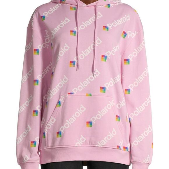 POLAROID ALLOVER LOGO PRINT HOODED SWEATSHIRT HOODIE PINK LARGE - Picture 2 of 8